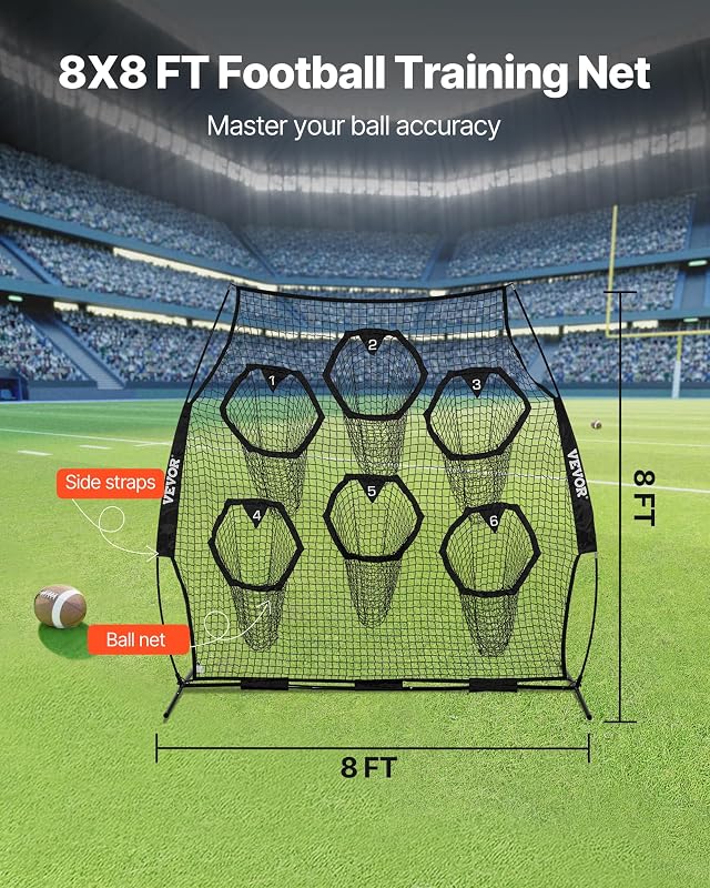 Rete da Allenamento Portatile Rete Rimbalzo per Calcio Rugby Baseball 274 x 106 x 243 cm con 6 Tasche per Bersagli, Borsa Portaoggetti Portatile e Cinghie, Allenamento con Bersaglio, Nero