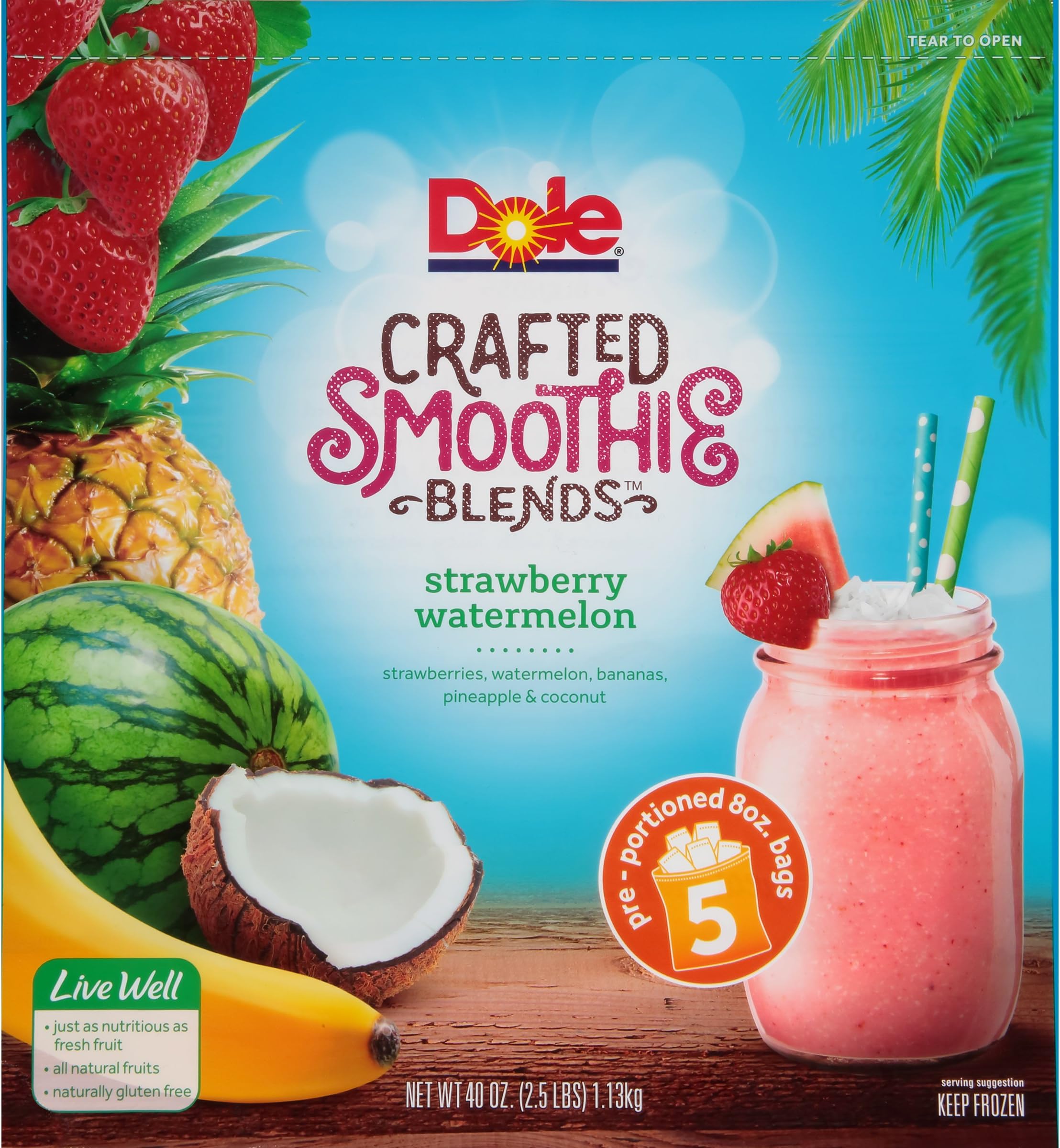 Dole Crafted Smoothie Blends Strawberry Watermelon (Strawberries, Watermelon, Bananas, Pineapple & Coconut), Fruit Smoothies, Pre-Portioned 8 Oz, 5 Bags