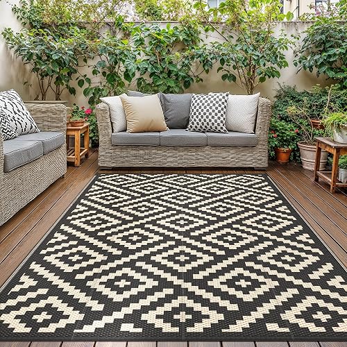 GENIMO Outdoor Rug 150x240cm – Waterproof Reversible Garden Rug, Washable Patio Carpet,UV Resistant, Recycled Plastic, Modern Outdoor Mat for Picnic, Backyard,Black & Beige