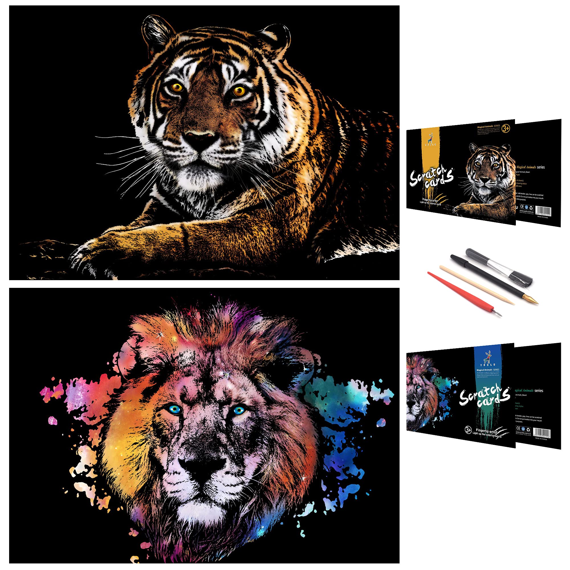 DESINIK Scratch Painting Art for Adults & Teens - 2 Sheets Rainbow Scratch Painting Kit, Scratch Painting Foil Art for Adults, Stress Relief Adult Craft Kits A3(Tiger & Lion) — image 1