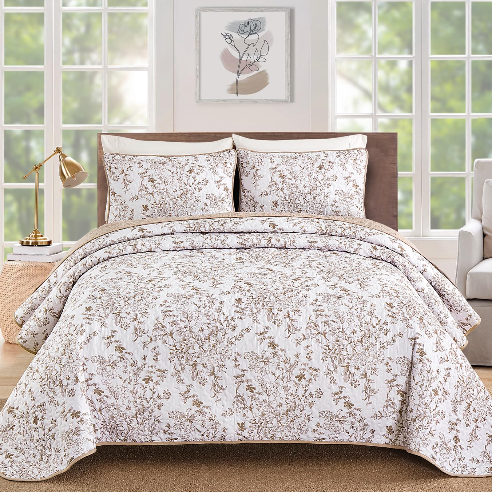 Photo 1 of WONGS BEDDING California King Quilt Sets, Brown Quilt Bedding Set with 2 Pillowcases, Botanical Quilt for Cal King Bed, Soft Microfiber Lightweight Coverlet Bedspread for All Season (112"×96")