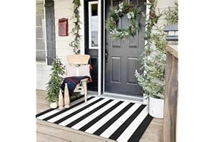KOZYFLY Black and White Striped Area Rug 3x5 Ft Front Door Rug Hand Woven Cotton Washable Outdoor Doormats Outdoor Entrance Mat for Front Door Kitchen Entryway Patio Front Porch Decor