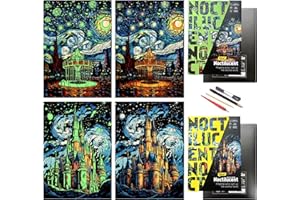 PAITUEND Scratch Art Painting Paper Set-Creative Arts and Crafts for Adults&Kids,Glow in The Dark DIY Craft Kit with 4 Tools 2 Sheets(A3),DIY Home Decor&Gift for Birthdays Holidays(Amusement&Park Castle)