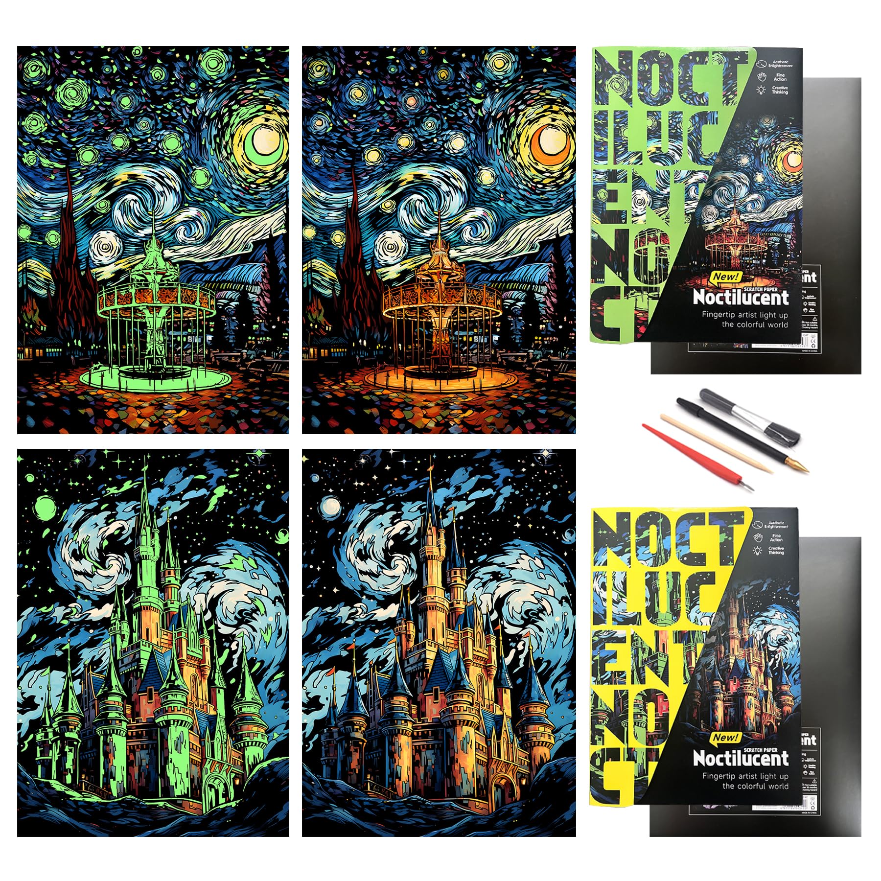 SiYear Scratch Paper Art,Scratch Painting World Famous City DIY Night View Scratchboard for Adults with 4 Tools,Size 11.2''x16'' (Castle + Amusement Park)