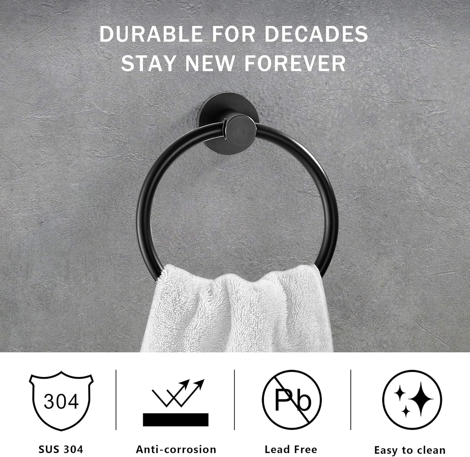 MARMOLUX ACC Black Towel Ring Hand Towel Holder for Bathroom Hand Towel Racks Wall Mount Bathroom Hardware Simple Round Towel Hanger SUS 304 Stainless Steel, Matte Black - - 