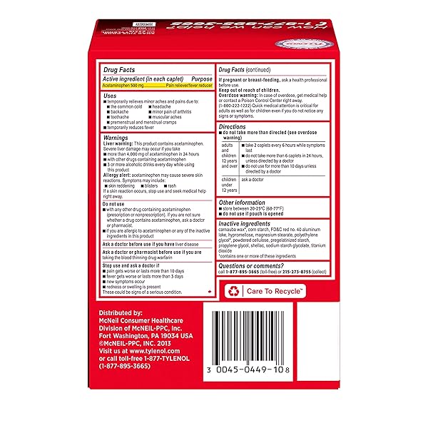 TYLENOL EXTRA STRENGTH CAPLETS, 100 COUNT, PACK OF 2