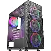 MOROVOL PC Case Pre-Install 4 RGB Fans, ATX Gaming Computer Case with Diamond-Shaped Mesh Front &amp; Tempered Glass Side Panel, USB 3.0 Airflow Mid Tower case,621-B