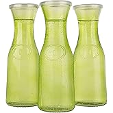 Kook Glass Carafe Pitchers, Beverage Dispensers, 35oz, Set of 3, Clear Jugs for Mimosas, Water, Wine, Milk and Juice, with Plastic Lids, (Lime Green)