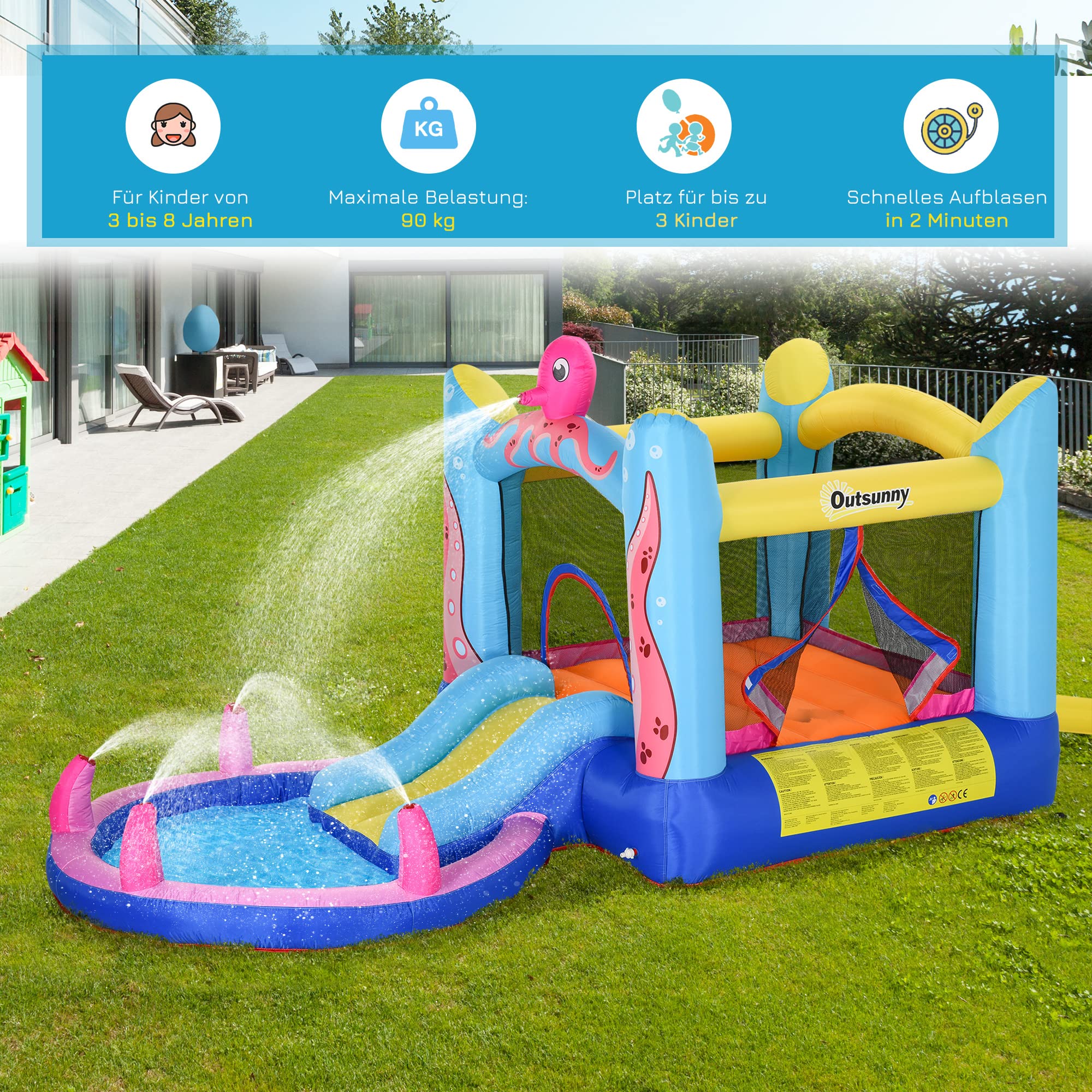 Outsunny Aufblasbare Hüpfburg mit Rutsche Springburg Spielburg Wasserpark für Kinder Trampolin aufblasbar Wasserrutsche Pool für 3-8 Jahre Oktopus-Muster Oxfordstoff 360 x 175 x 180 cm 4