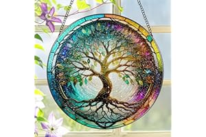 Stained Glass Window Hanging, LAOWEIKI 8'' Tree of Life Suncatcher, Stained Glass Ornament, Suncatchers for Windows Hanging, Window Decor, Outdoor or Indoor, Gifts for Mom, Grandma, Wife, Family