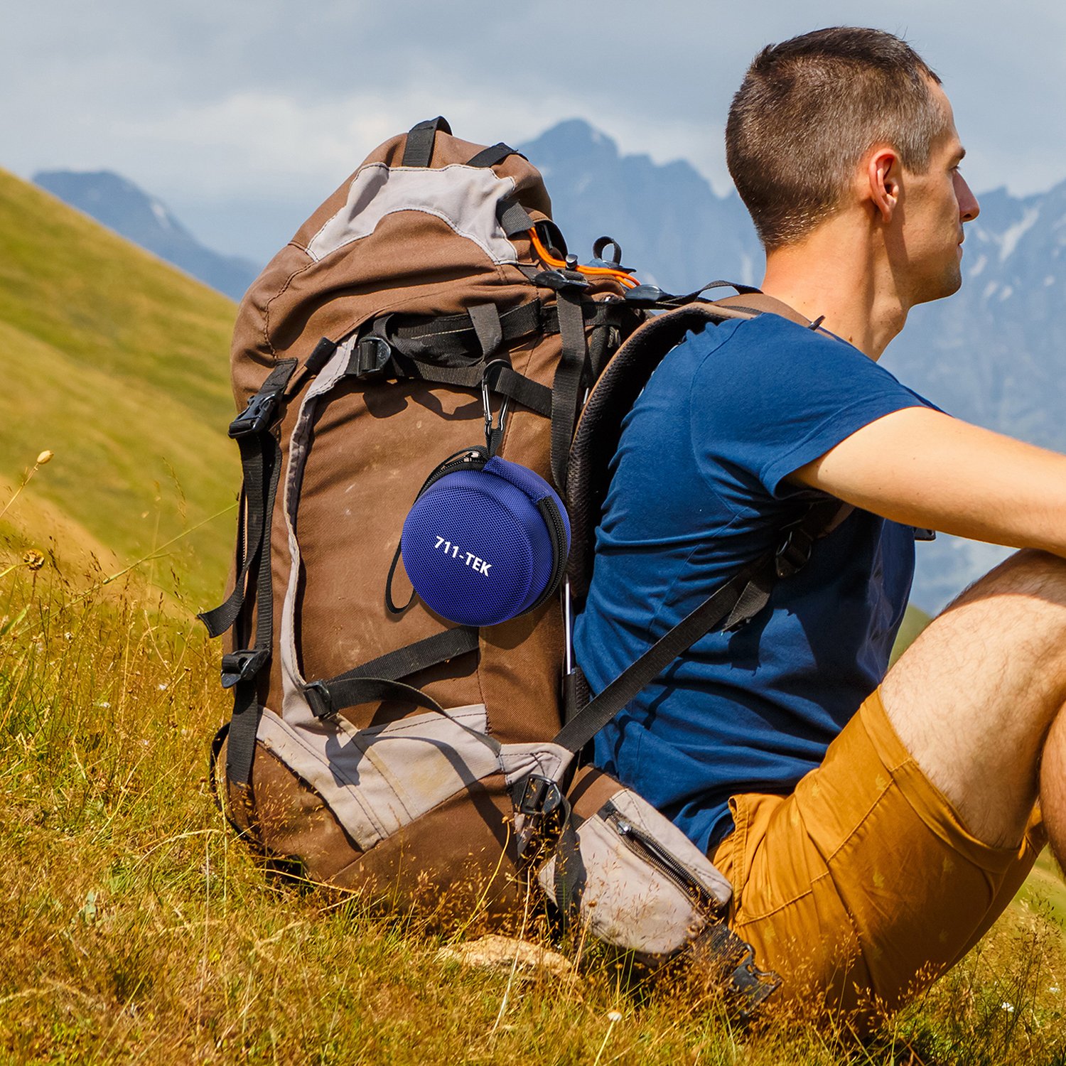Echo Dot Case, 711TEK Portable Carrying Travel Bag Protective Hard Case Cover with Screw-Lock Carabiner, Fits Phone Headset, Charger and USB Cable (Black) (Blue)
