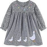 FreeLu Toddler Girls' Cotton Gingham Duck Embroidery Dress Long Sleeve Plaid Casual Dresses for 2-7 Years