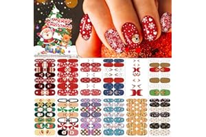 WINTHROP 12 Sheets Christmas Nail Wraps Full Stickers Nail Polish Strips, DIY Self-Adhesive Nail Art Glitter Decals Santa Claus Reindeer Xmas Hat Pattern with 2 Piece Nail Files for Party Decor (168 Pieces)