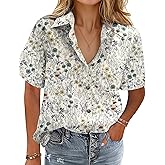 HOTOUCH Cotton Linen Button Down Shirt for Women V Neck Collared Blouse Casual Short Sleeve Tops with Pocket