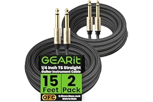 GEARit Guitar Instrument Cable (15ft 2-Pack) 1/4 Inch to 1/4 inch TS Straight Male to Male 6.35mm Mono Jack with Alloy Connector and Nylon Braid