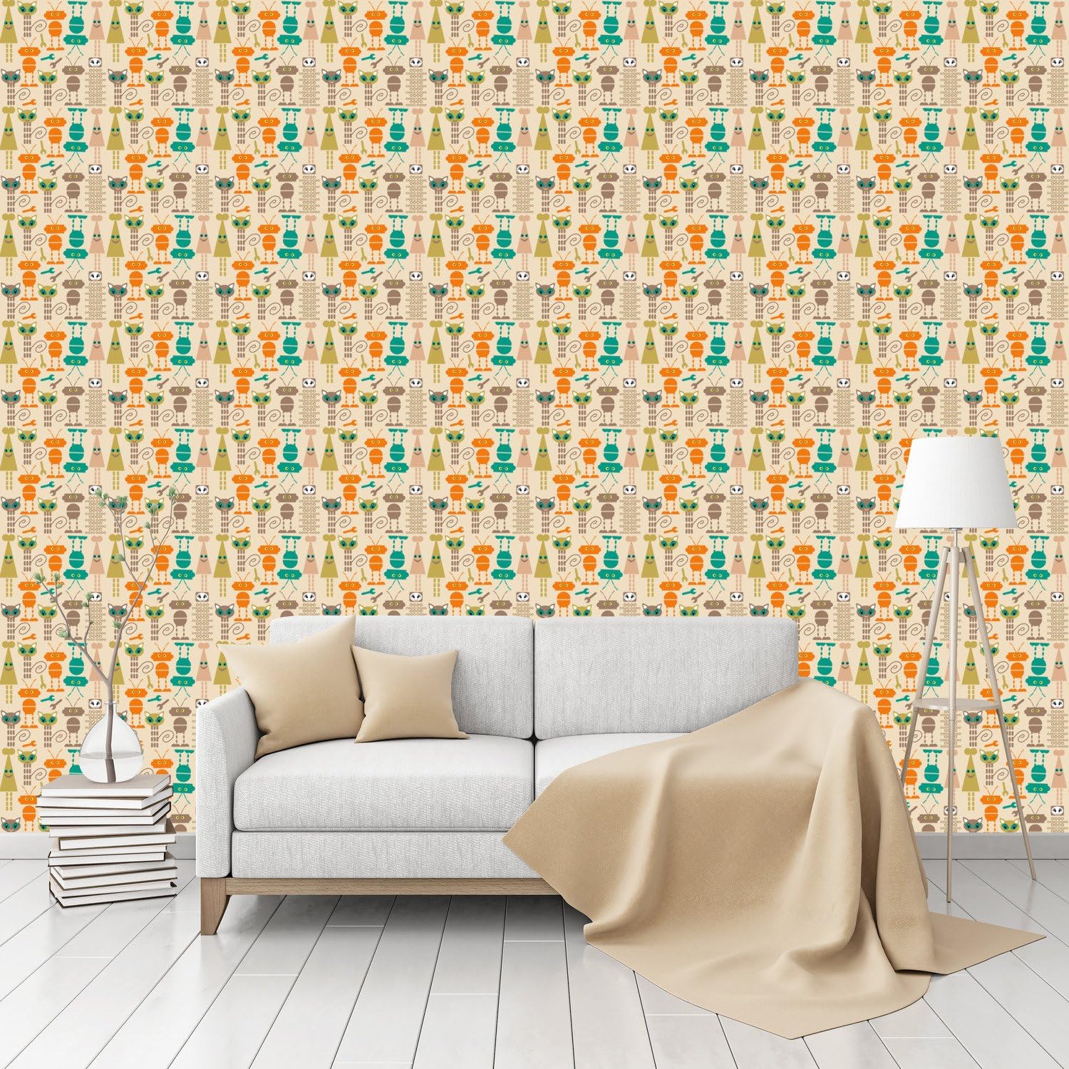 Robots And Cats Patterned Peel &amp; Stick Smooth Wallpaper by