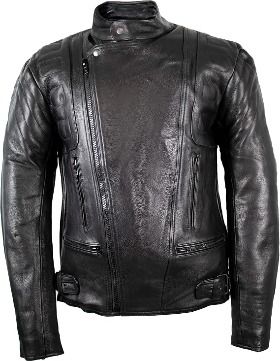 Herren Biker Lederjacke Im Retro-Stil – Mit Rennstreifen, Gewachstes Rindsleder, Größe 5XL
