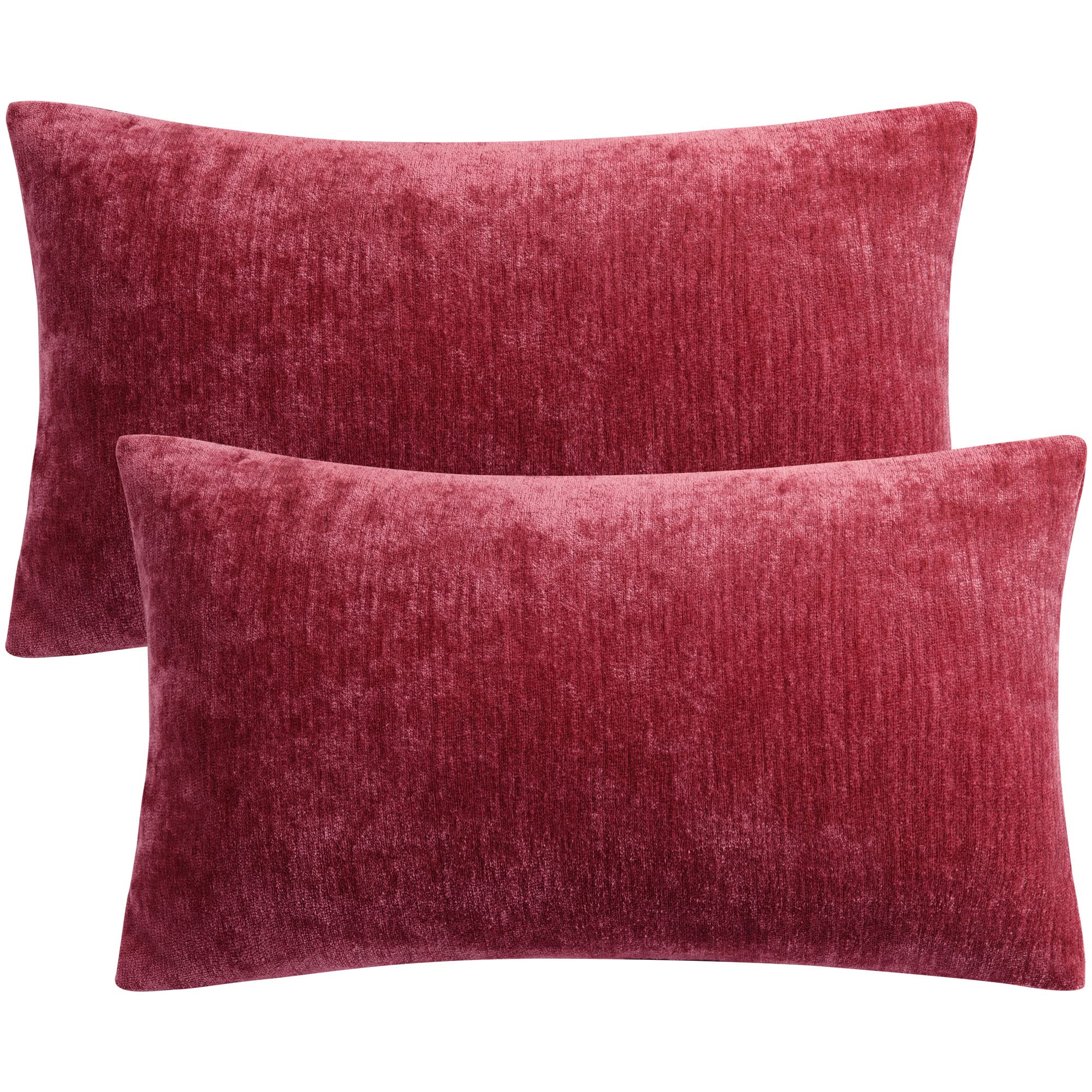 PiccoCasa Pack of 2 Decorative Cushion Covers for Sofa Bedroom, 12x20 Inches (30x50cm) Chenille Throw Pillow Covers Water Repellent - Burgundy Throw Cushion Covers with Invisible Zipper