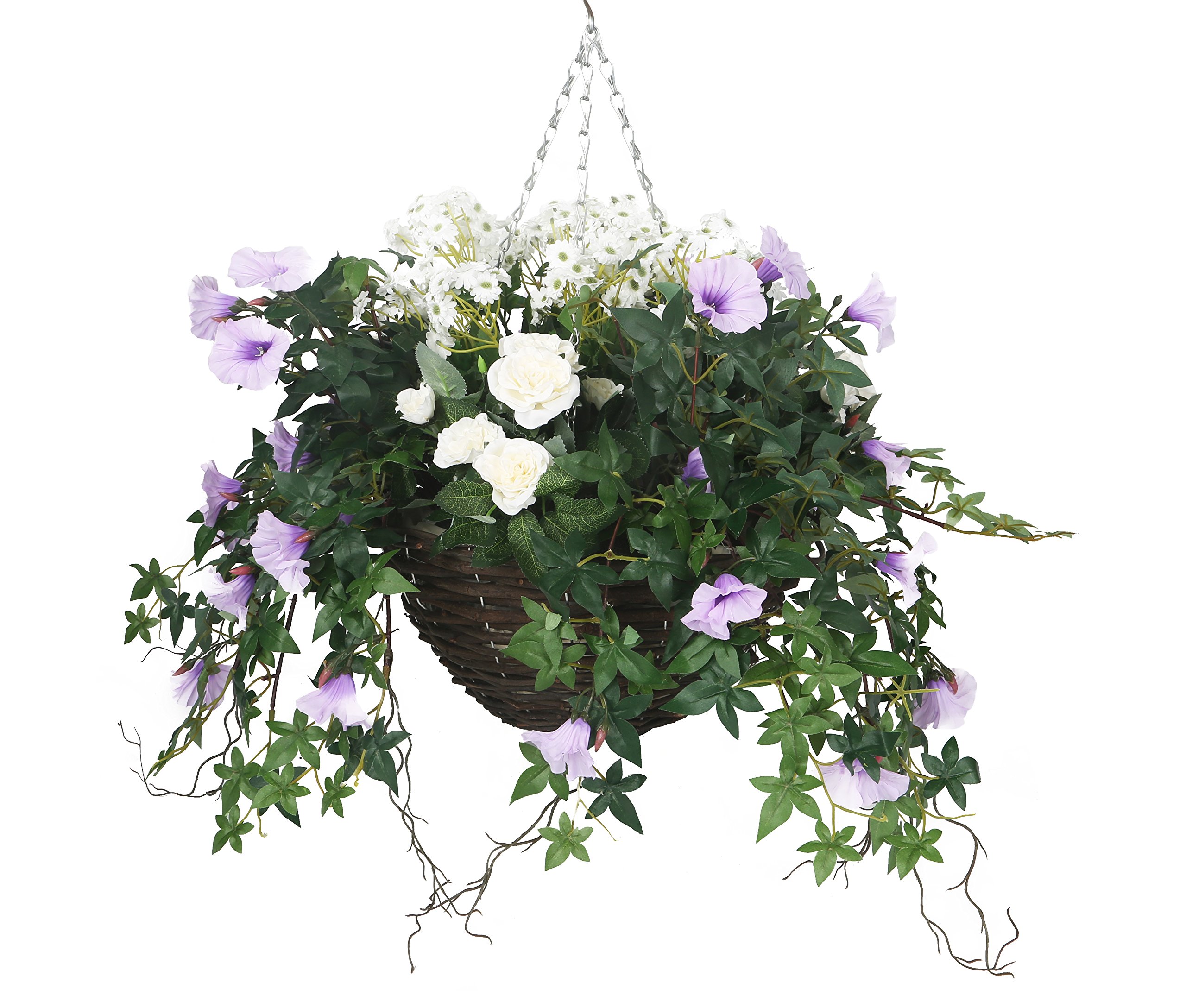 Closer2Nature - Artificial White and Purple Rose, Daisy and Morning Glory Display in a 14" Round Willow Hanging Basket Faux Flowers for Vibrant Outdoor Foliage