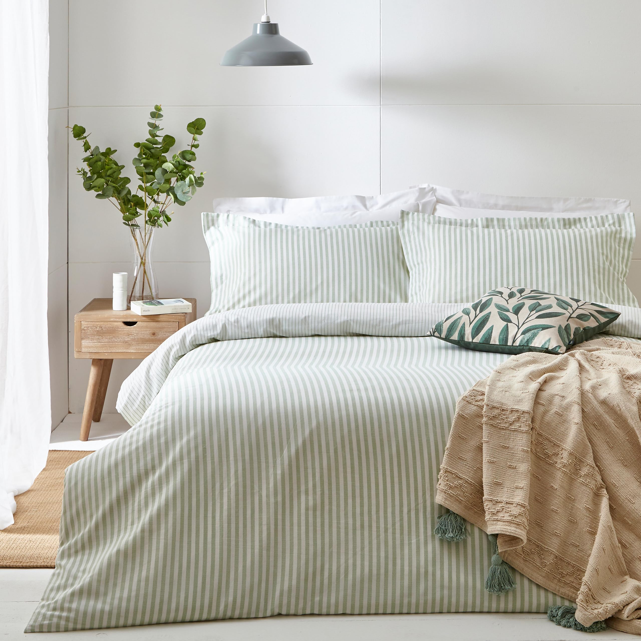 furn. Yard Hebden 100% Cotton Stripe Duvet Cover Set – Reversible Striped Bedding (Eucalyptus, Super King)