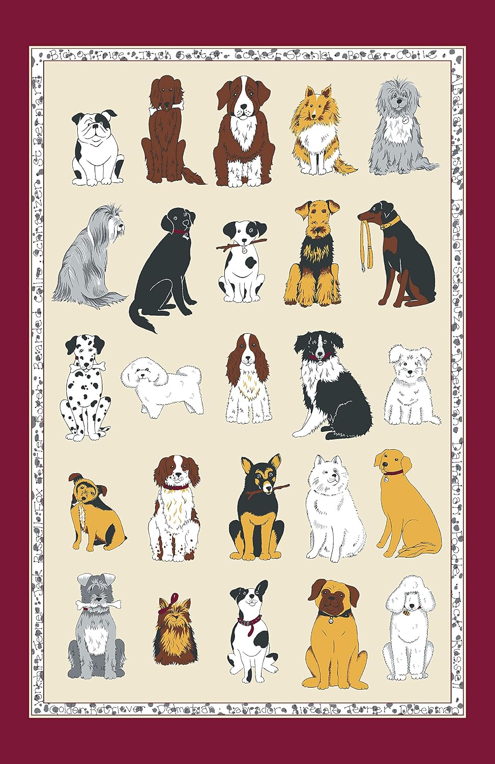 Ulster Weavers, All Dogs Tea Towel (74 x 48cm), 100% Cotton, Washable, Dogs Dish Cloths/Dish Towel with Red Bones Border