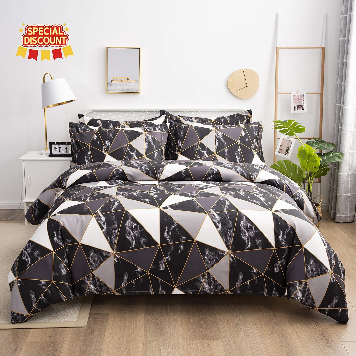 FADFAY 3Pc 100 Cotton Black Marble Duvet Cover Bedding Set, Queen Size