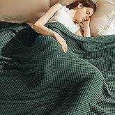 Bedsure 100% Cotton Blanket Queen Size for Spring Summer, Waffle Weave Thin Lightweight Breathable Blanket for Bed, Cotton Bedding Room Decor Gifts for Women, Men, Dark Green, 90" x 90"