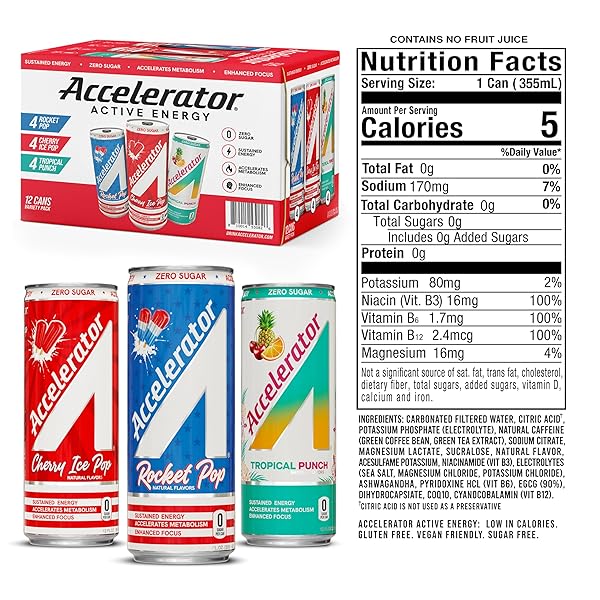 ACCELERATOR ENERGY DRINK, VARIETY PACK 12OZ CAN (12 PACK), ZERO SUGAR, SUSTAINED ENERGY FROM 100% NATURAL CAFFEINE (200MG FROM GREEN COFFEE BEAN & GREEN TEA EXTRACT)