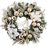 Valery Madelyn 24'' Pre-Lit Christmas Wreath for Front Door with Light, Collapsible Lighted Outdoor Christmas Wreath with White Gold Xmas Balls Bead Sting for Home Porch Fireplace Window Holiday Decor