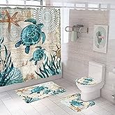 Nautical Blue Sea Bathroom Sets with Shower Curtain and Rugs and Accessories, Ocean Turtle Shower Curtain Sets with 12 Hooks, Bath Mat Set Bathroom Decor by Durable Waterproof Fabric