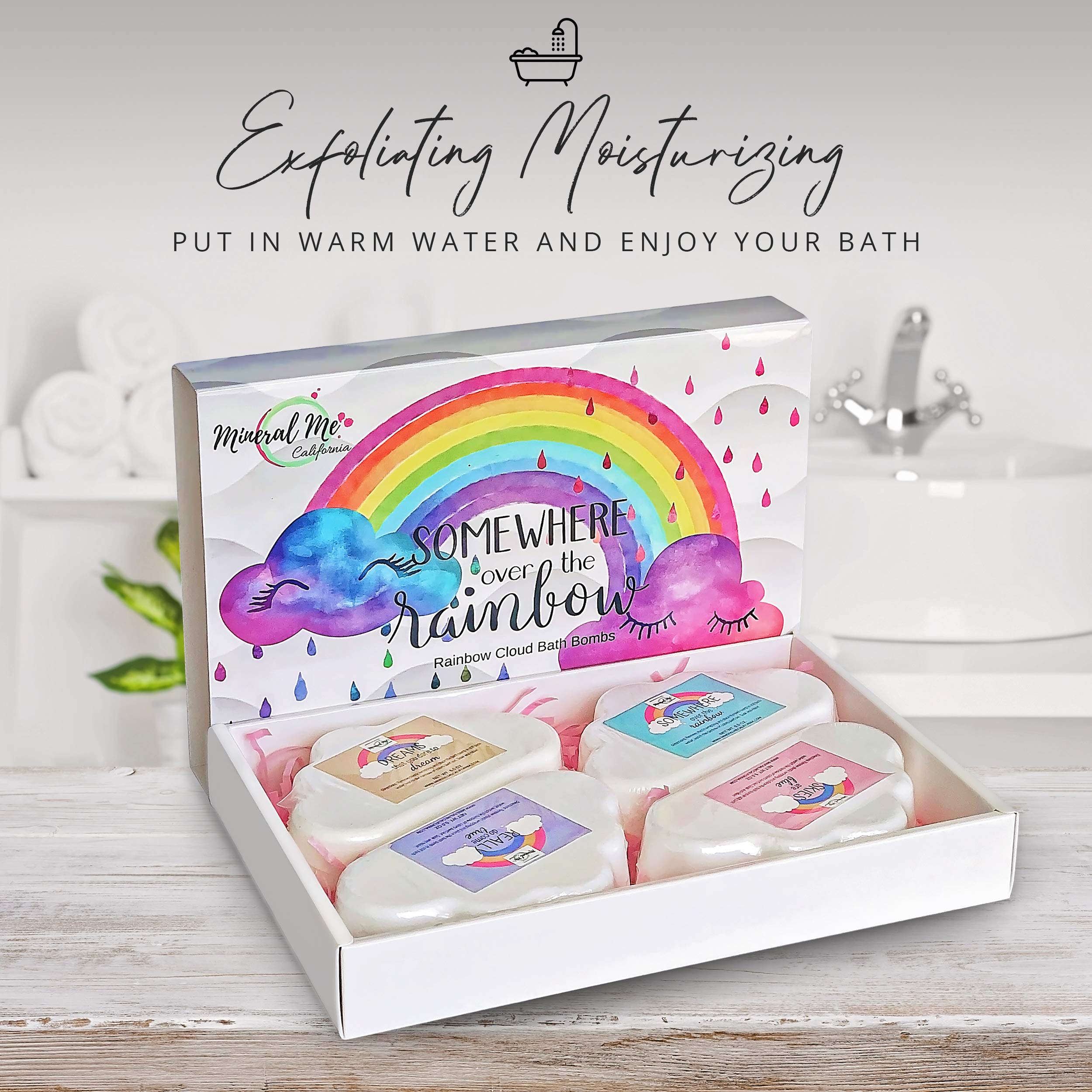 Rainbow Bath Bombs for Kids- Natural and Organic Bubble Bath Bombs w/Moisturizing Shea Butter and Natural Oils, 4 Large Unicorn Cloud Bath Bombs for Girls, Boys, Women, Birthday Gift for Her