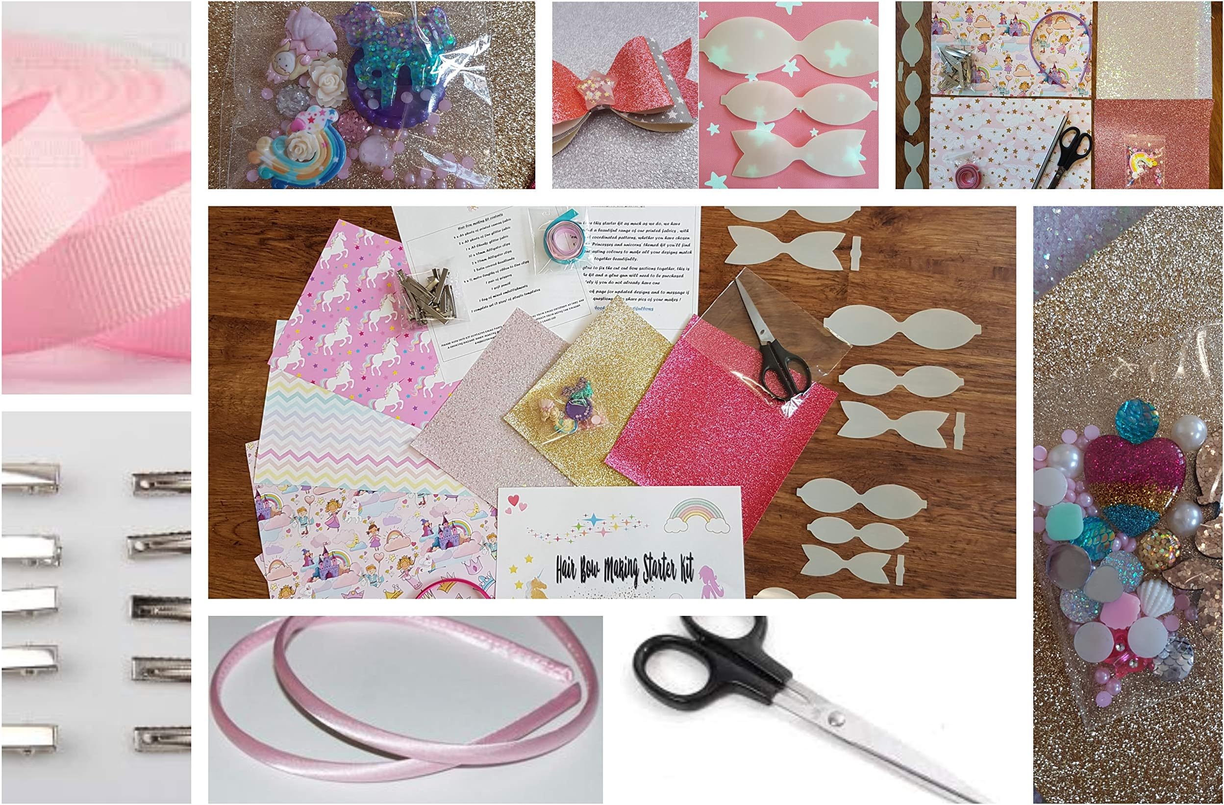 Hair bow making starter kit fabrics glitters templates clips ribbon bands scissors pencil fairies theme theme