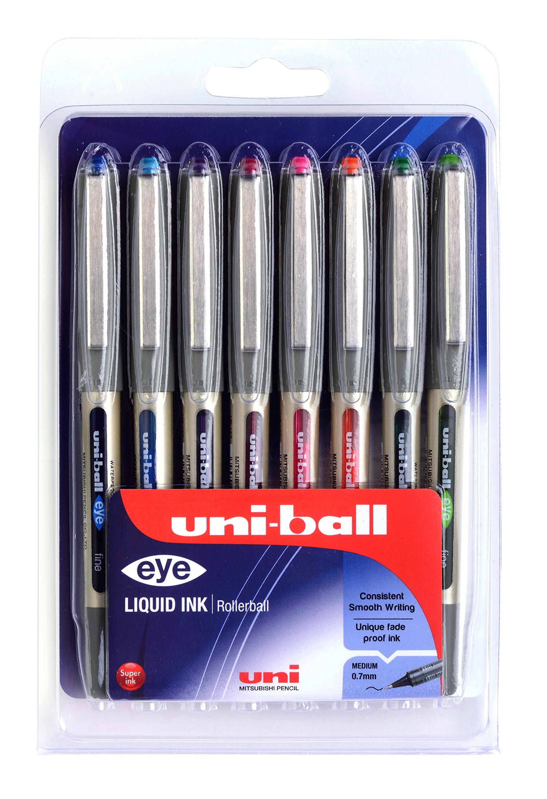 uni-ball Eye Fine Rollerball Pens, 8 Pack Colours