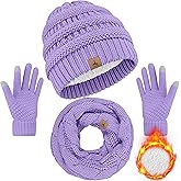 Winter Beanie Hat Scarf Gloves, Warm Fleece Knit Hats Touch Screen Gloves Neck Scarf Set Winter Gifts for Unisex Adult