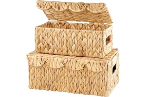 Set of 2 Scalloped Wicker Baskets with Lid - Woven Baskets with Lid - Rattan Storage Box - Woven Decorative Box