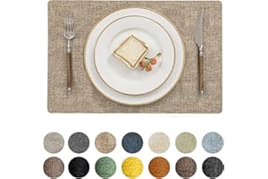 Romanstile Vinyl Placemats Set of 6-12 X 18 Inch - Heat Resistant Place Mats 100% Waterproof Oilproof Wipeable Reversible Faux Leather Table Mats for Kitchen/Dining/Party/Holiday, Khaki