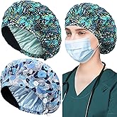 ABAMERICA 2 Pack Bouffant Caps with Button and Sweatband, Adjustable Scrub Caps for Women Men, One Size Multi Color