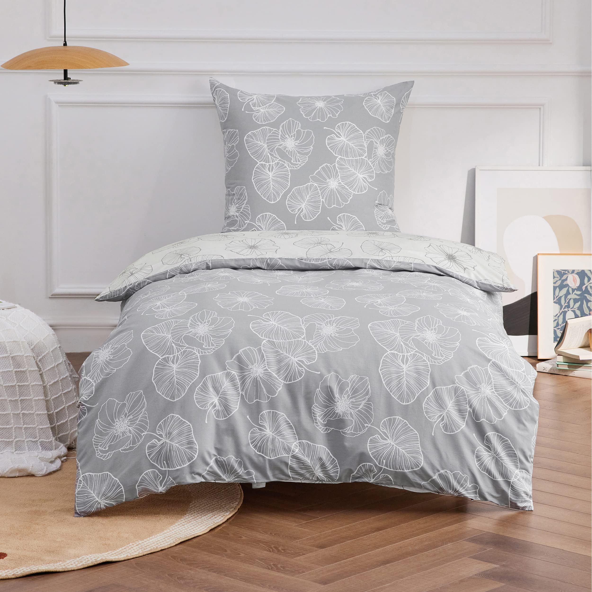 BEDSURE Bettwäsche 135x200 Baumwolle Bettbezug - Bettwäsche-Sets 135 x 200 cm 2teilig Grau mit Kissenbezug 80x80 cm, ÖKO-TEX Wendebettwäsche Bedding mit Reißverschluss Ginkgo Muster 6