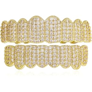 JINAO Iced Out Grillz for Men Women 8 Teeth Set Brass 5A CZ Stones Hip Hop Fashion Rapper Costume Mouth Accessories