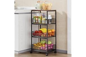 HapiRm Fruit Basket Kitchen Cart - 4-Tier Rolling Storage Cart with Wheels, Fruit Vegetable Basket with Wood Top, Pantry Util