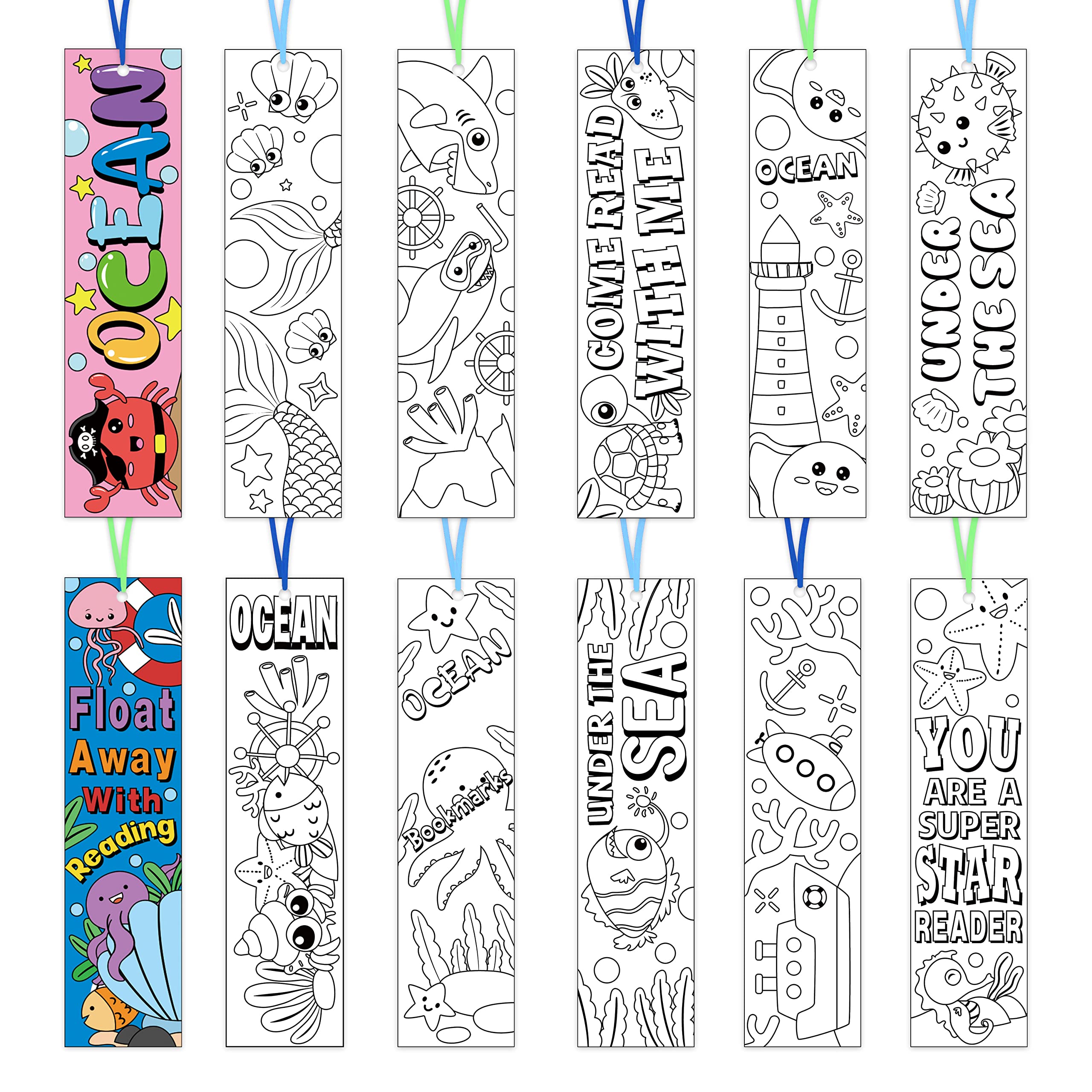 Haooryx 75Pcs Color Your Own Sea Animal Bookmarks for Kids Coloring Blank Bookmarks Creative DIY Book Marker Paper Art Craft Supplies Teachers Students Reading Enthusiasts Bookmark Party Gift Tags