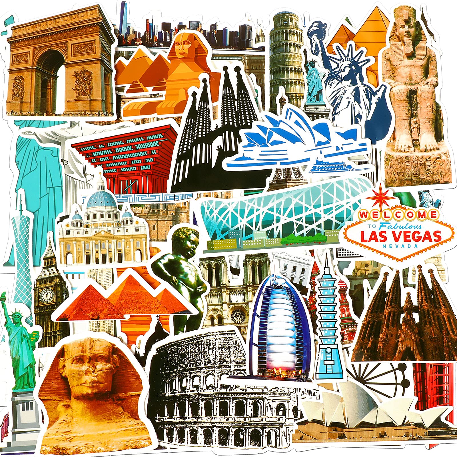 Photo 1 of Epakh 128 Pieces Retro Stickers for Water Bottles Suitcase Luggage Suitcases Famous Landmarks Waterproof Vinyl Building Stickers for Laptop Bike Computer Phone Skateboard Decal