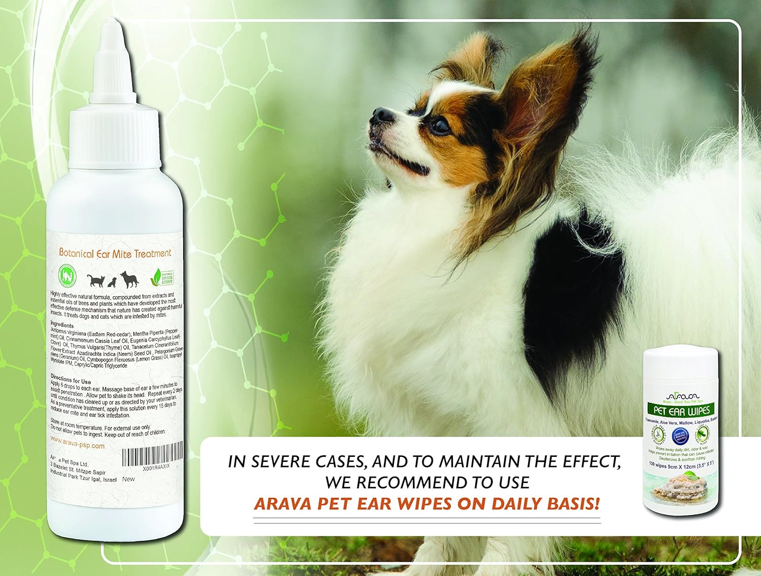 Arava Natural Ear Mite Treatment - for Dogs & Cats - Pet Ear Mites Infection Cleaner - Treat Inaccessible Areas & Prevent Infections - Healthy Safe Formula with Botanical Extracts & Dead Sea Minerals  : Pet Supplies
