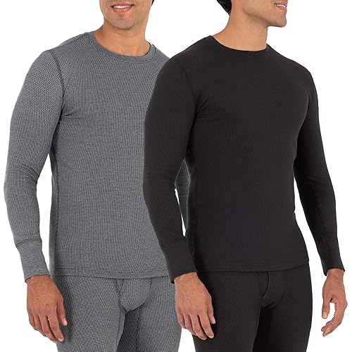 Fruit of the Loom Men's Recycled Waffle Thermal Underwear Crew Top (1 and 2 Packs), Black/Greystone Heather, 5X