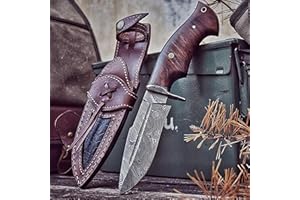 BIGCAT ROAR Beast Hunter - Handmade Damascus Steel Fixed Blade Hunting Knife 10" - Walnut Wood Handle & Leather Sheath - Skin