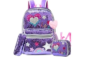 Meetbelify Backpack for Girls 16" Backpacks for Girls for School Sequin Backpack with Lunch Box for Elementary Students