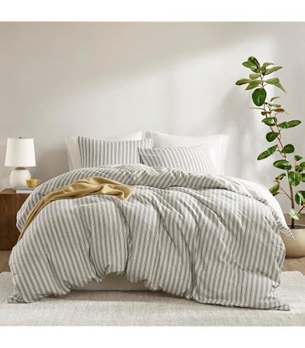 Madison Park Essentials Queen Duvet Cover Set - Reversible Striped Jacquard, 3-Piece, White Modern Bedding - View #11