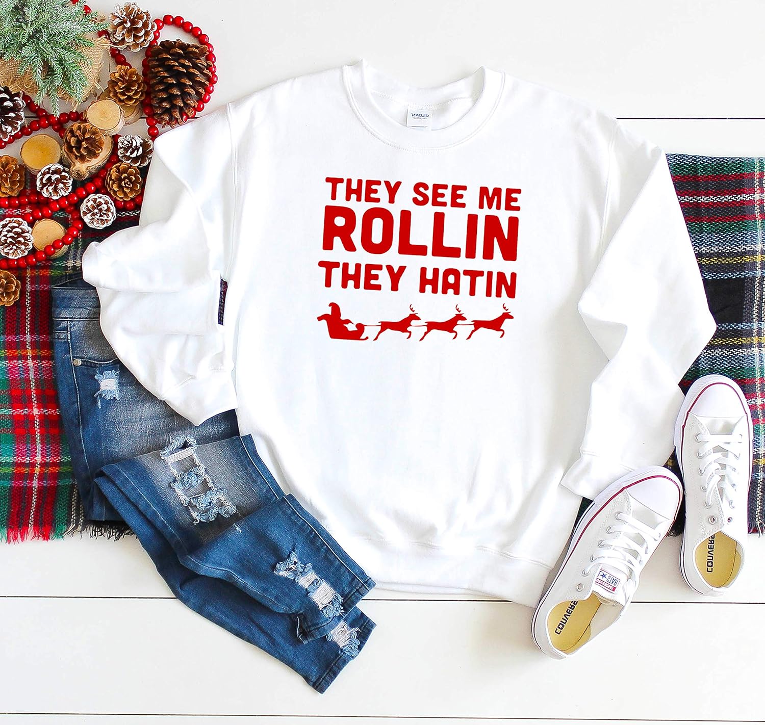 Amazon Com Ugly Christmas Sweater They See Me Rollin They Hatin Christmas Sweater Ugly Christmas Funny Shirt Gift For Her Funny Woman Sweater Handmade