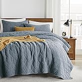 palassio Blue Grey Queen Size Quilt Set, Muslin Cotton Shell Down-Alt Poly Filling, Soft Shabby Chic Rustic Farmhouse Country Bedspread, Textured Gauze Coverlet, Lightweight Bedding, 2 Shams