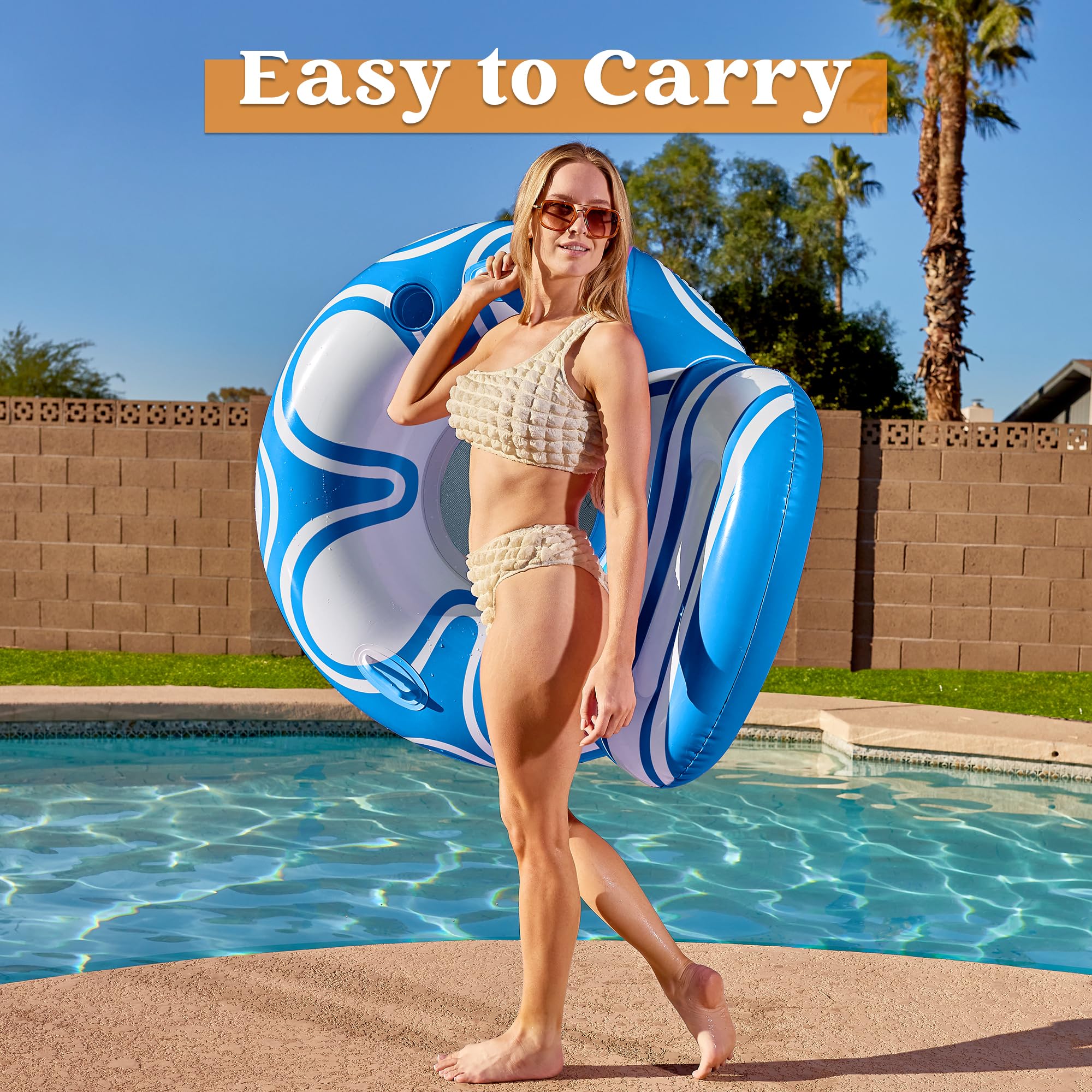 Sloosh Inflatable Pool Floats Lounger - Pool Floaties Blow Up Air Sofa Floating Chair with Big Backrest, Heavy Duty River Tubes Summer Lake Beach Water Float Raft Floaty for Adults (Blue White)